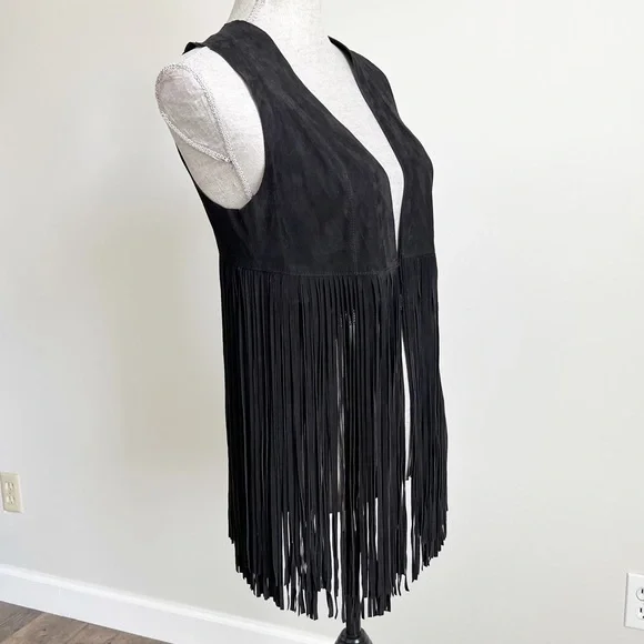 Lamarque Sonia Black Suede Leather Fringe Vest XS